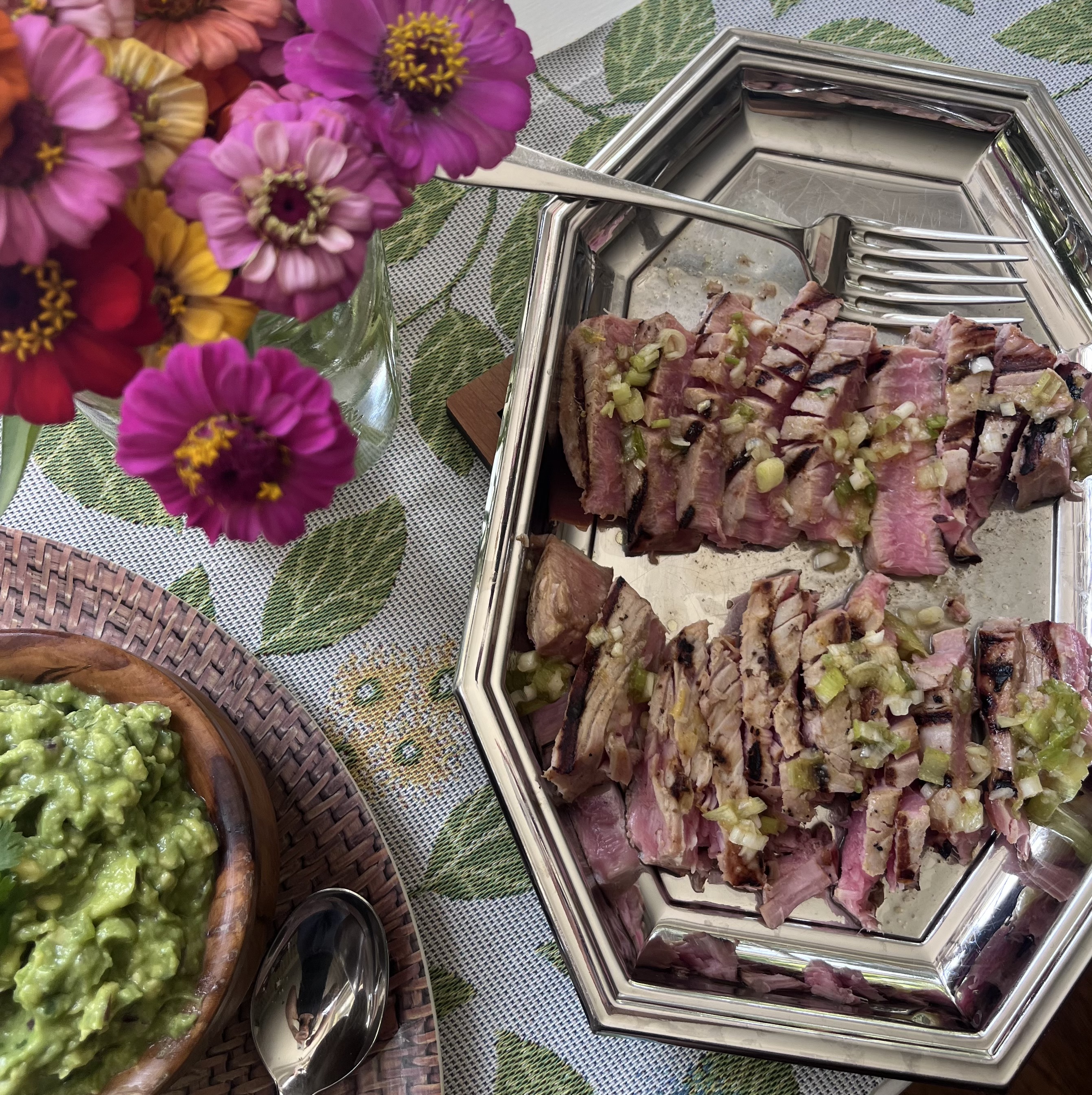 Tablescape with zinnias